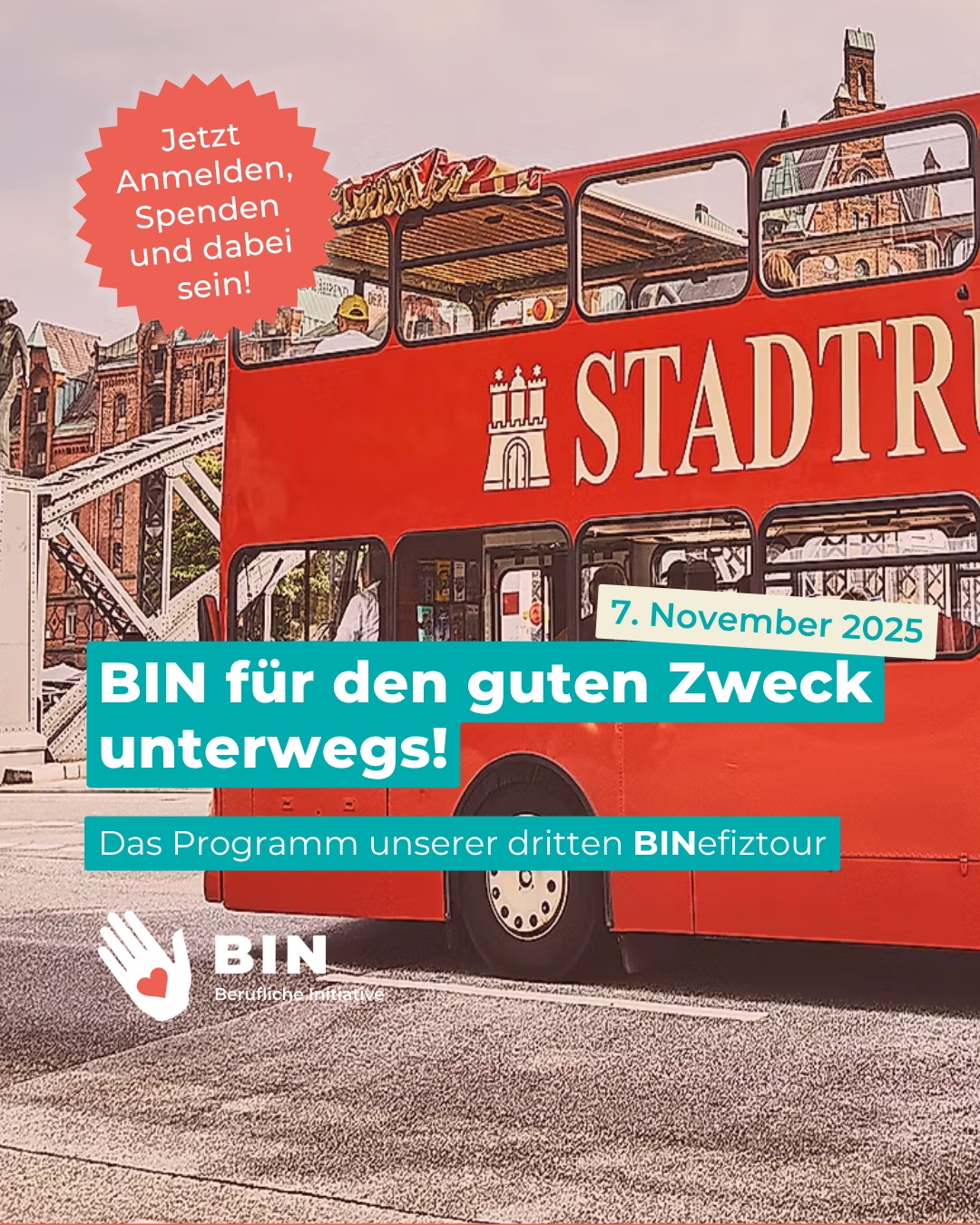 🚢 BINefiztour 2025 – BIN für den guten Zweck unterwegs!
Sei dabei am 7.11.2025 von 12:30 – 20:00 Uhr mit spannenden Stationen:
🏢 Hansataucher GmbH
🎭 Opernfundus der Staatsoper Hamburg
🌆 Hafencity Hamburg GmbH
Abschluss beim gemeinsamen Essen im Blockbräu.
Impulsvorträge von Lou Richter zu „Konfliktlösung“ & Daniel Jahn zum Thema „Der Hamburger Hafen in schwierigen Zeiten
💶 Spende: mind. 125€
📩 Anmeldung: ich@bin.hamburg
@hansataucher , @blockbraeu_official , @lourichteroffiziell , @hamburgerhafen
#BINefiztour #Hamburg #Impulsvorträge #Networking #Migrationindeutschland #Integrationinhamburg