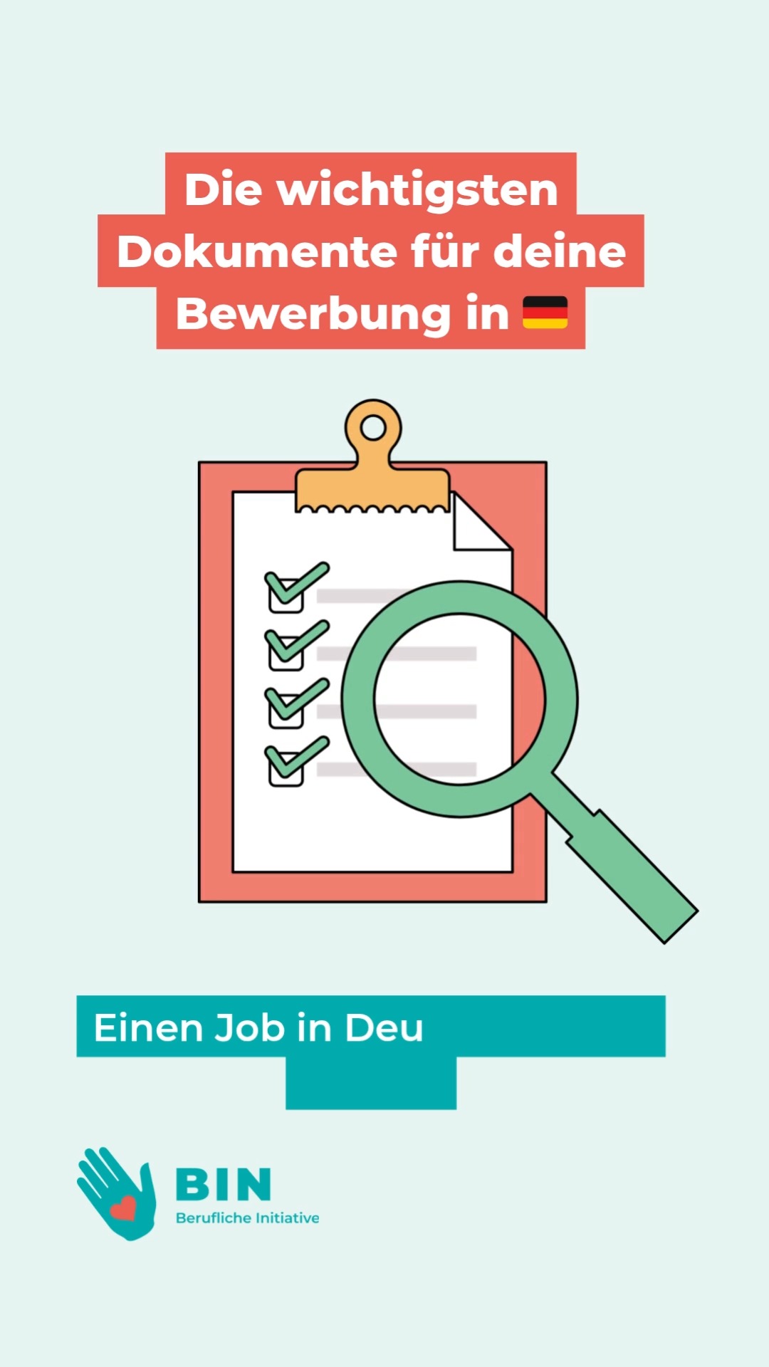 Einen Job in Deutschland finden – so geht’s!💼

Dein Bewerbungs-Set besteht aus drei starken Dokumenten:

1️⃣ Lebenslauf – Deine schulische und berufliche Laufbahn übersichtlich in Stichpunkten.
2️⃣ Anschreiben – Zeig, warum dich die Stelle interessiert und warum genau du die richtige Person bist.
3️⃣ Zeugnisse – Diplome, Zertifikate und Arbeitszeugnisse. Prüfe die Anerkennung ausländischer Abschlüsse!

Mit diesen drei Dokumenten bist du bestens vorbereitet. 💪✨
Und keine Sorge: BIN Hamburg begleitet dich bei jedem Schritt.

#bewerbung #jobindeutschland #lebenslauf #anschreiben #zeugnisse #karriere #fachkräfte #berufseinstieg #BINHamburg #selbstständigkeit #beratung #beratunginhamburg #jobinhamburg
