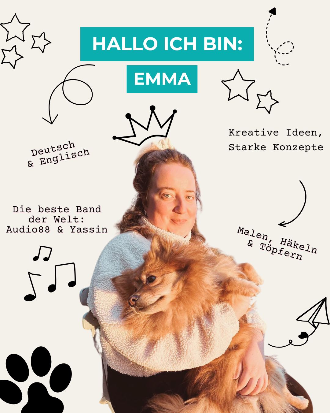 Heute stellen wir unsere liebe Emma vor ✨
Mit kreativen Ideen, starken Konzepten und einem guten Gespür für Design und Kommunikation bringt Emma ihre Perspektiven in unser Team Marketing & Öffentlichkeitsarbeit ein.
Ihr ist wichtig, mit ihrer Arbeit etwas Sinnvolles beizutragen und sich für ihre Werte einzusetzen. Mit viel Engagement entwickelt sie neue Inhalte, gestaltet kreative Prozesse mit und bringt frische Impulse ins Team. 🌿
Ein paar Fun Facts über Emma: Ihr Hund heißt Fritzi 🐶, sie liebt die Musik von Audio88 & Yassin 🎶 und in ihrer Freizeit findet sie Ausgleich beim Malen und Häkeln. 🎨🧶Heute stellen wir unsere liebe Emma vor ✨
Mit kreativen Ideen, starken Konzepten und einem guten Gespür für Design und Kommunikation gestaltet Emma unsere Öffentlichkeitsarbeit mit. Sie betreut unsere Website, entwickelt neue Inhalte und begleitet verschiedene Projekte, um die Arbeit von BIN sichtbar zu machen.
Ihr ist wichtig, mit ihrer Arbeit etwas Sinnvolles beizutragen und sich für ihre Werte einzusetzen. Mit viel Engagement, Kreativität und einem Blick fürs Detail bringt sie neue Impulse ins Team. 🌿
Ein paar Fun Facts über Emma: Ihr Hund heißt Fritzi 🐶, sie liebt die Musik von Audio88 & Yassin 🎶 und in ihrer Freizeit findet sie Ausgleich beim Malen und Häkeln. 🎨🧶
#teamarbeit❤️ #kommunikation #frauenpower #sozialebereich #hamburg #fraueninhamburg #sozialeprojekte