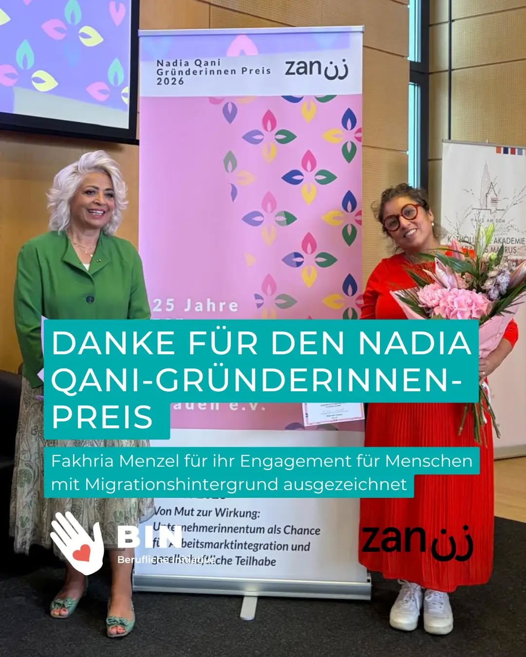Fakhria Menzel hat mit ihrer Arbeit bei BIN Hamburg den Nadia-Qani-Gründerinnen-Preis 2026 gewonnen! 🏆✨

Von der ersten Vereinsgründung bis zu einem starken Team aus 20 festangestellten Mitarbeitenden: Der Weg war voller Leidenschaft, Herausforderungen und Erfolgen. Dass unsere Arbeit bei BIN und Fakhrias Engagement für Menschen mit Migrationshintergrund nun von der Jury so besonders gewürdigt werden, erfüllt uns mit unglaublicher Dankbarkeit und Stolz.

Ein riesiges Dankeschön an die Jury für das Vertrauen! 🙏

Dieser Preis gehört nicht nur unserer Gründerin Fakhria Menzel, sondern unserem gesamten Team und allen, die uns auf dieser Reise begleiten. Danke, dass ihr an uns glaubt! ❤️